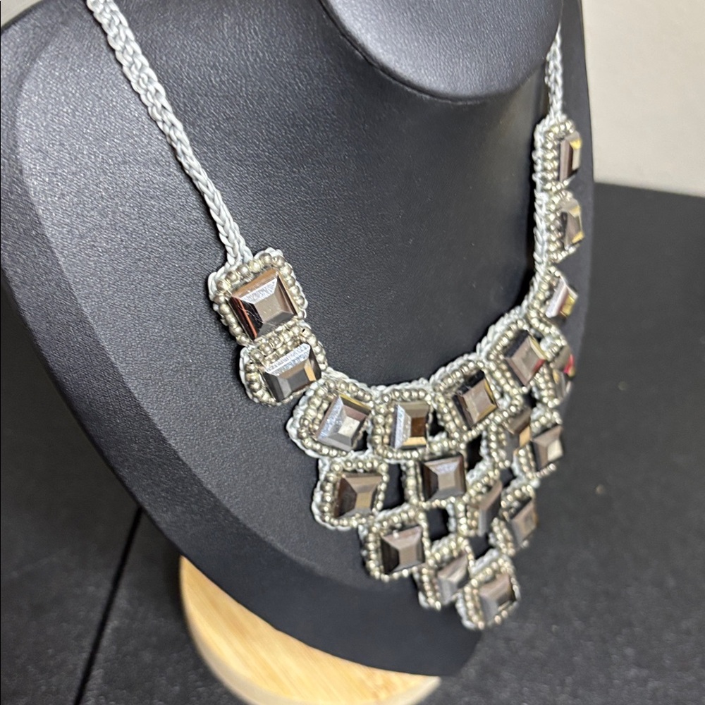 Silver Bib Macrame Statement Modernist Necklace - image 6